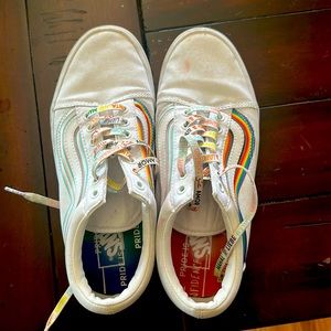 Worn/used White “pride” vans with rainbows.